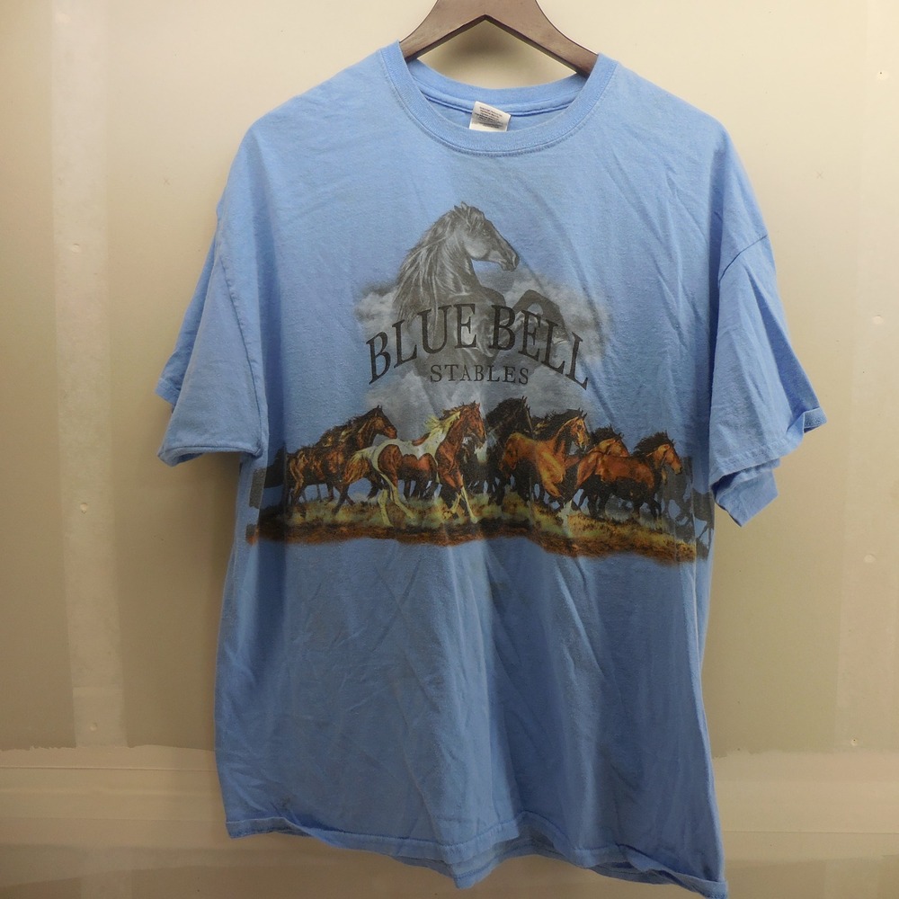 Vintage Blue Bell Stables Horse Graphic T-Shirt Light Blue Gildan XL Y2K Cotton